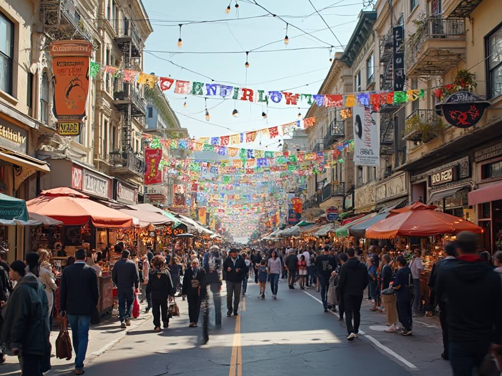 Colorful North Beach Festival in San Francisco, featuring Italian-themed decorations, live art creations, food stalls serving authentic Italian cuisine, and historic architecture