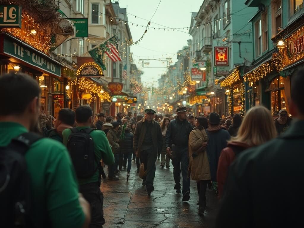 Traditional Irish musicians performing on a lively North Beach street, with colorful pub facades and Irish flags under soft evening lighting during St. Patrick's Day celebrations