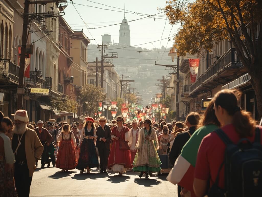 Authentic Italian Heritage Parade in North Beach neighborhood, San Francisco showcasing detailed street view, local culture, community spirit, historic architecture and people in traditional festive clothing under warm autumn sunlight.