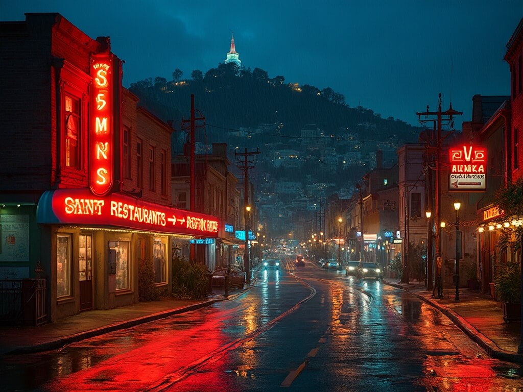 Nighttime cityscape of North Beach neighborhood featuring illuminated Columbus Avenue's restaurants, lit Saints Peter and Paul Church, reflections of vintage neon signs on wet streets, and dramatic Telegraph Hill in the background