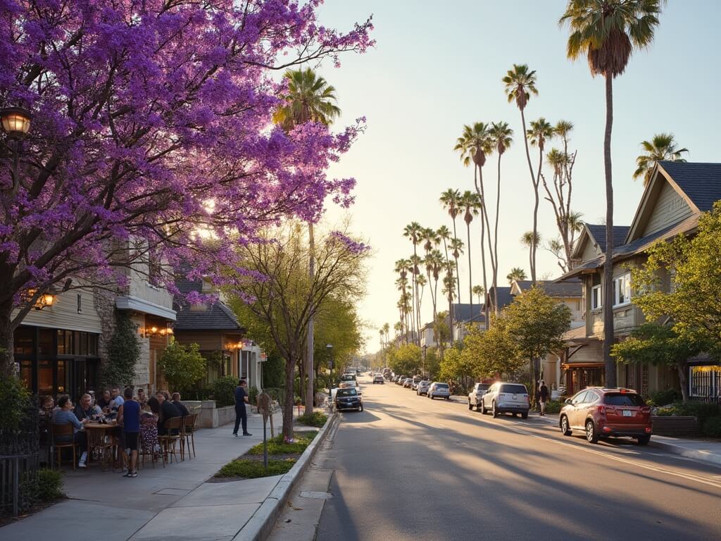 Late afternoon scene in North Park neighborhood with craftsman-style houses, blooming jacaranda trees, people at outdoor cafes, vintage street lamps, and swaying palm trees highlighting Southern California architecture