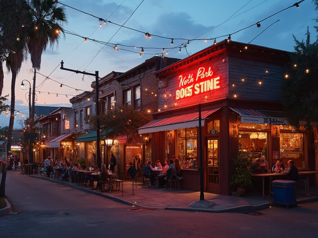 Trendy North Park street corner at dusk with historic buildings turned into modern restaurants, string lights overhead, artists and young professionals at outdoor dining tables, and vintage neon signs glowing against twilight sky