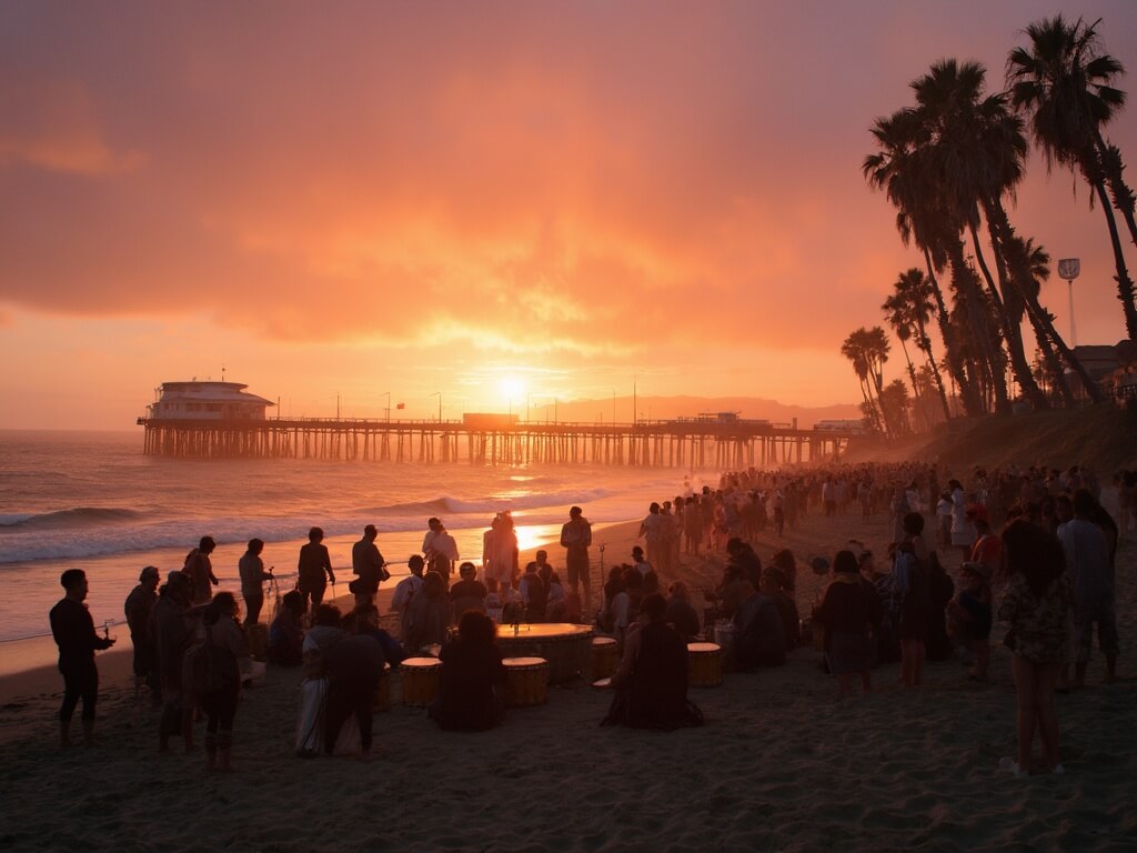 Silhouettes of drummers on Ocean Beach at sunset, palm trees, pier, and beachgoers in the foreground, with an orange-pink sky and rolling waves in the background