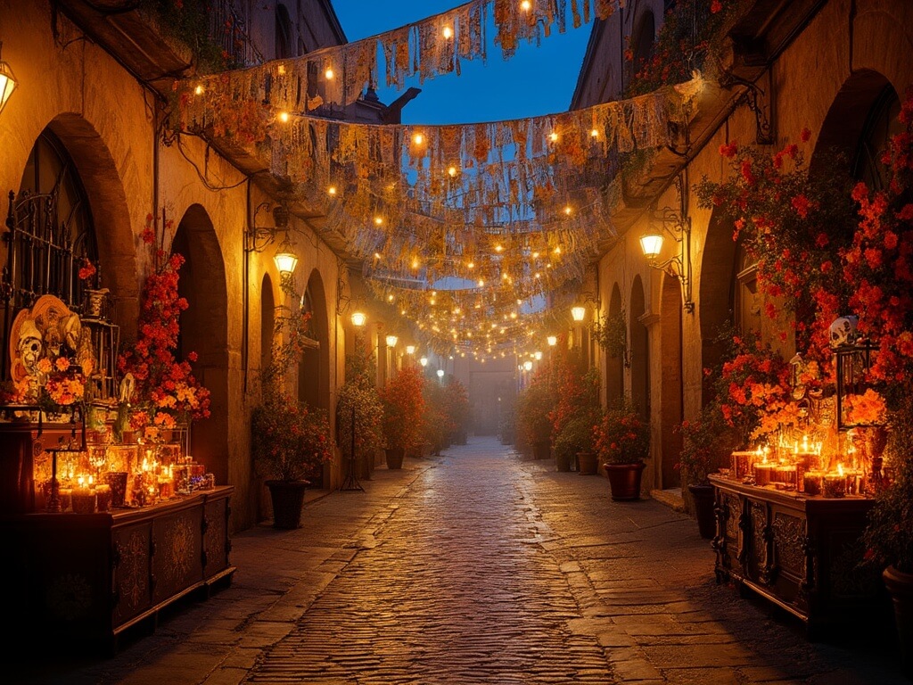 Día de los Muertos celebrations at Olvera Street with traditional papel picado, lanterns, marigolds and candles adorned altars, and soft lighting reflecting on cobblestone street