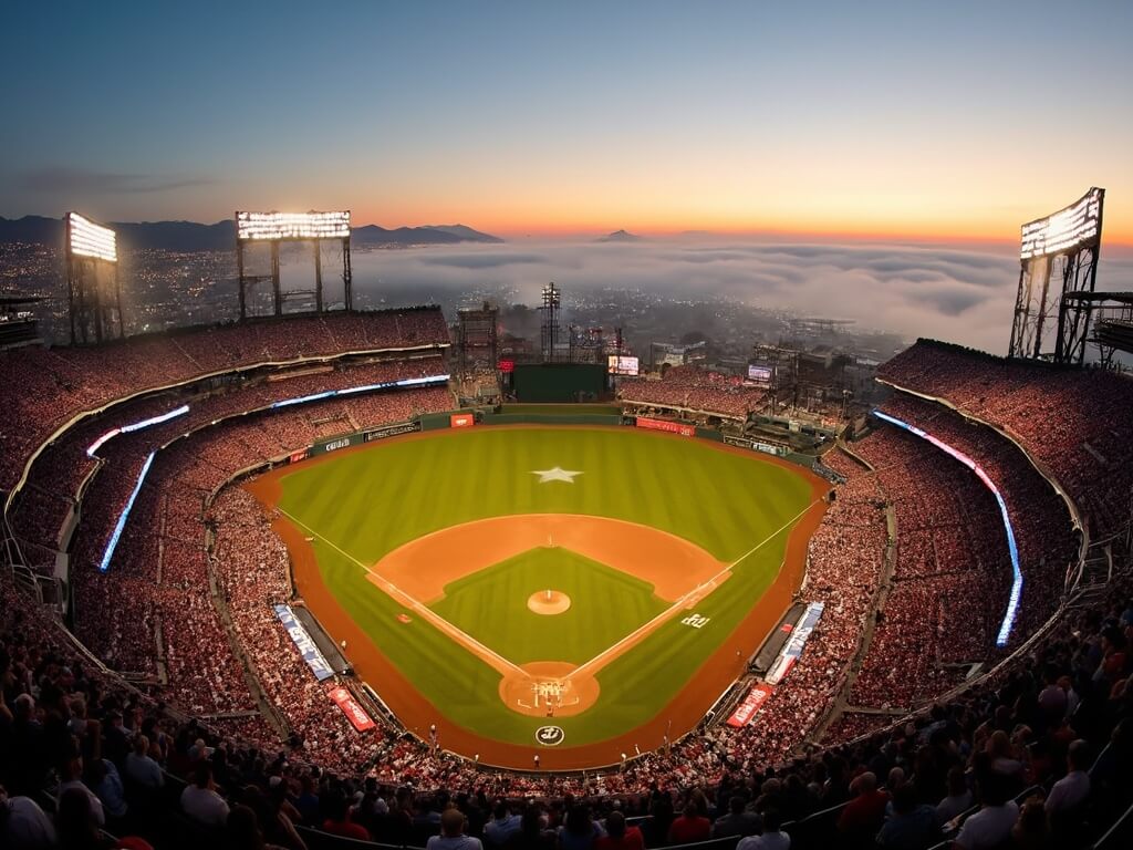 Oracle Park baseball stadium at dusk, filled with fans, city lights in the background, sunset casting shadows on the field with San Francisco Bay and fog over distant hills visible