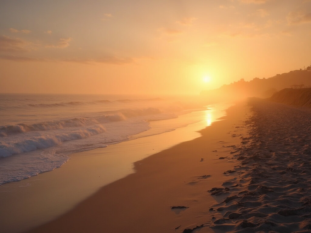 Breathtaking sunrise over Pacific Beach with golden marine layer creating soft lighting across sandy shoreline and calm ocean