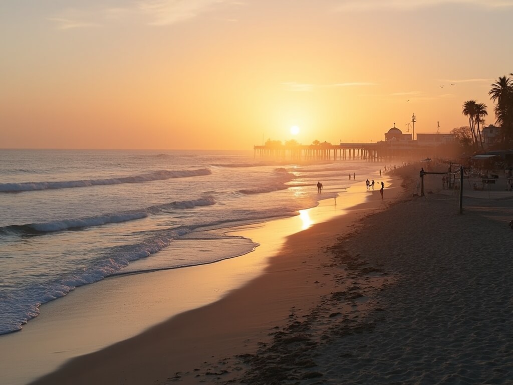 Peaceful sunset beach scene in Pacific Beach with uncrowded shores, gentle waves, beach volleyball courts, beachgoers, Crystal Pier and palm tree silhouettes