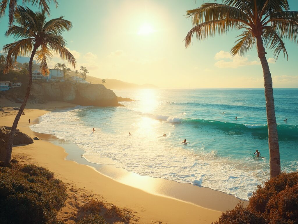 Mid-afternoon view of Pacific Beach with golden sun rays, surfers in the distance, pristine sand coastline, and swaying palm trees