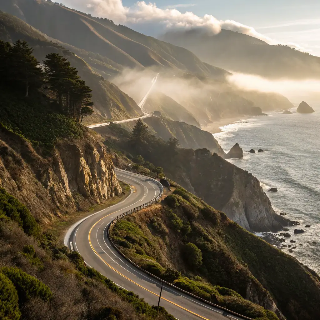 Early morning on a foggy, deserted Pacific Coast Highway winding through steep cliffs along the ocean shore