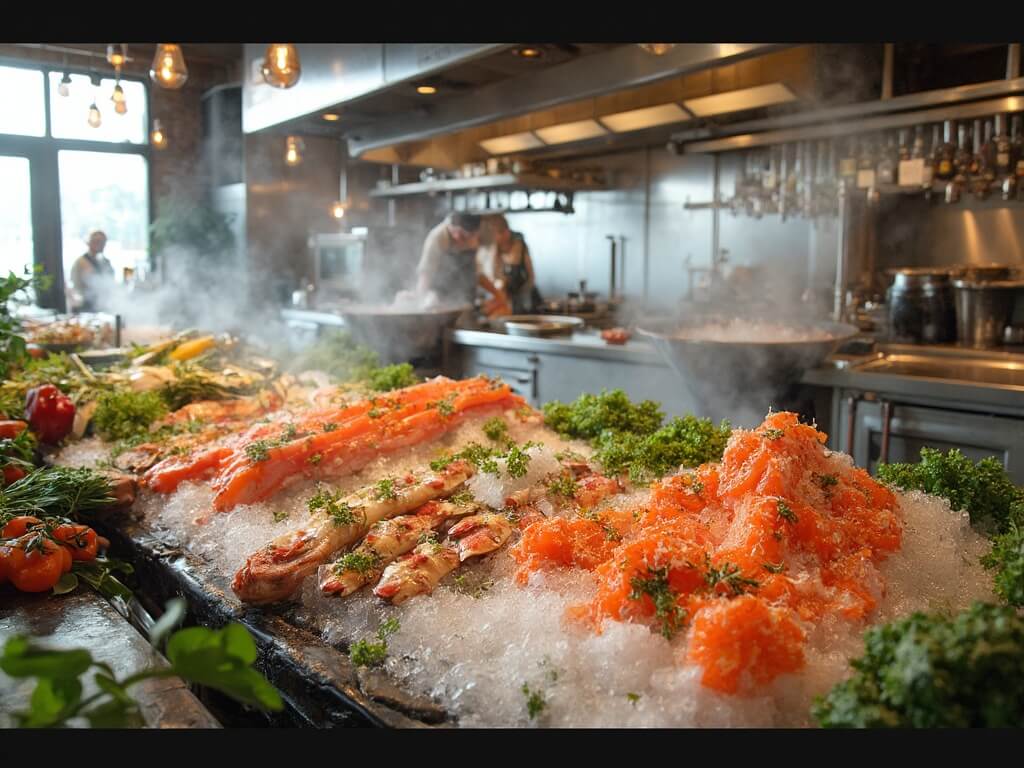 Chefs preparing fusion dishes in a coastal kitchen with fresh Pacific seafood on ice, colorful local produce, and craft beer taps, with natural light highlighting steam from cooking stations.