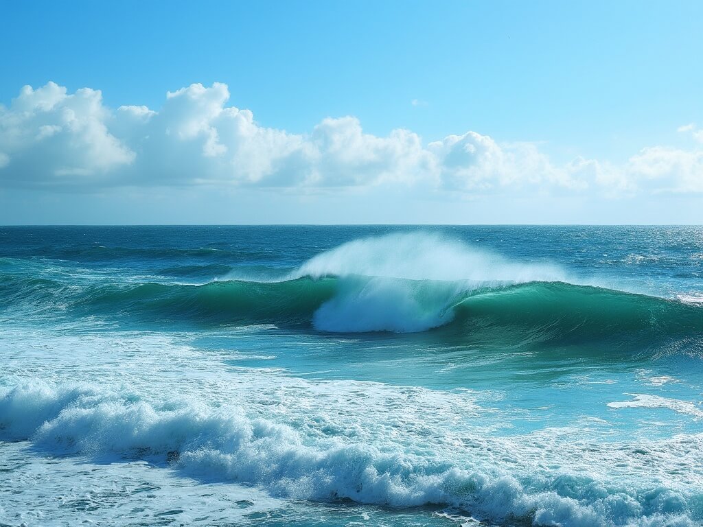 Dramatic Pacific Ocean seascape during an El Niño pattern with powerful waves breaking near the shoreline, rich blue-green water, white foam patterns, vibrant blue sky, and dynamic wave formations due to the interaction between water and light