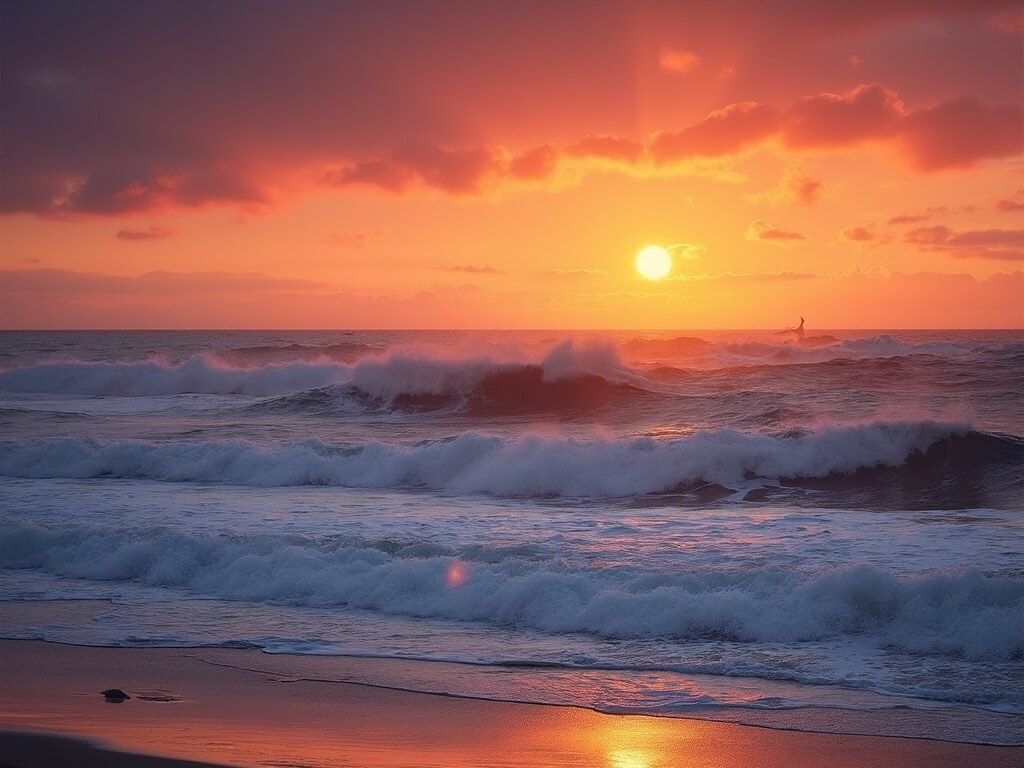 Dramatic winter sunset at Huntington Beach with powerful waves, orange and purple sky, and visible migrating whales in the distance.