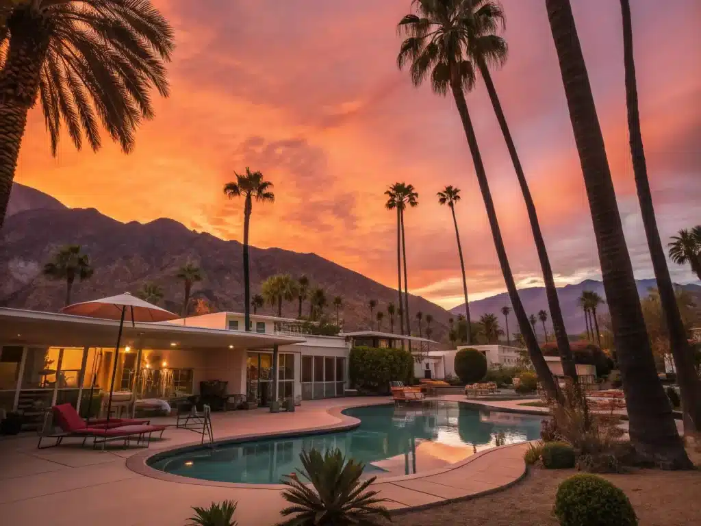 "Stylized image of Palm Springs with mid-century architecture, palm trees, reflecting pool, and San Jacinto Mountains at sunset with heat distortion effects and a thermometer reading 118°F"
