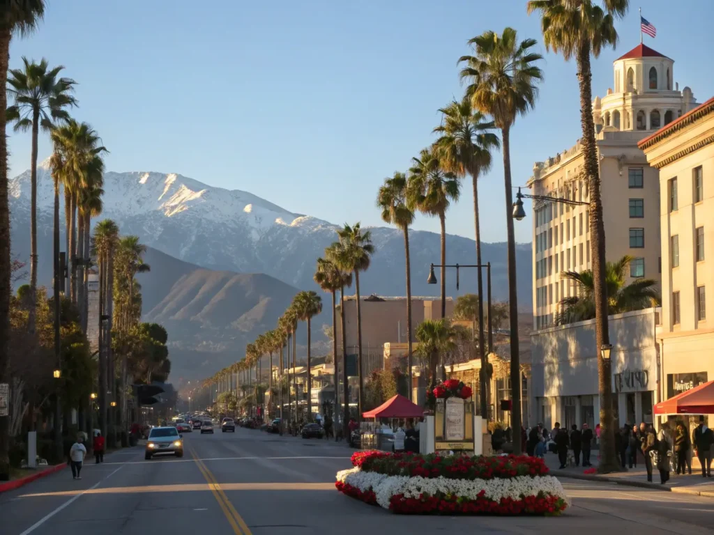 "Rose Parade float moving along Colorado Boulevard with palm trees and snow-capped San Gabriel Mountains in the background, Pasadena"