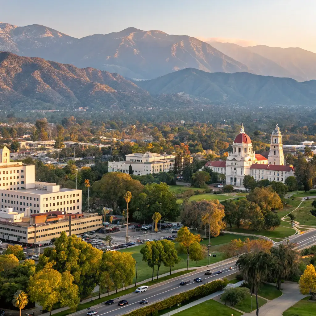 Panoramic view of Pasadena showcasing the urban layout, green spaces, and mix of historic and modern architecture, under the morning light with San Gabriel Mountains in the background