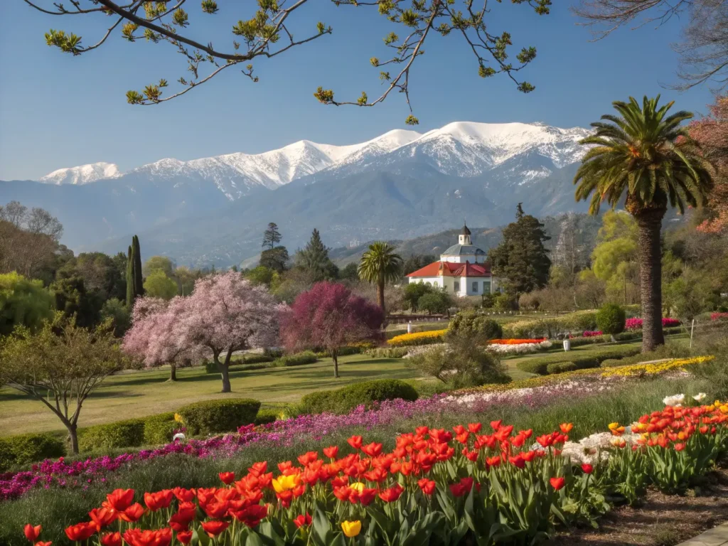 "Panoramic view of spring in Pasadena with San Gabriel Mountains, 30,000 blooming tulips at Descanso Gardens, Gamble House, and city's architectural landmarks under clear blue sky during golden hour."