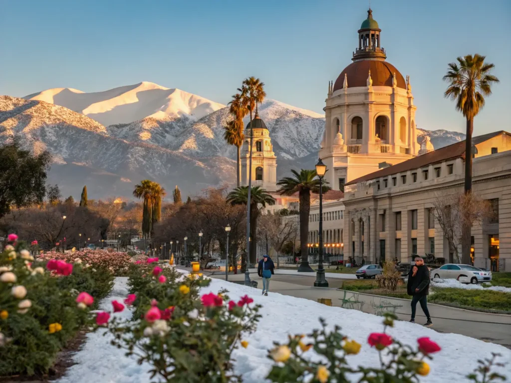 "Sun-drenched winter cityscape of Pasadena featuring the Mediterranean Revival architecture of City Hall, blooming rose gardens, palm-lined streets, snow-capped San Gabriel Mountains, and people strolling under the golden hour light."