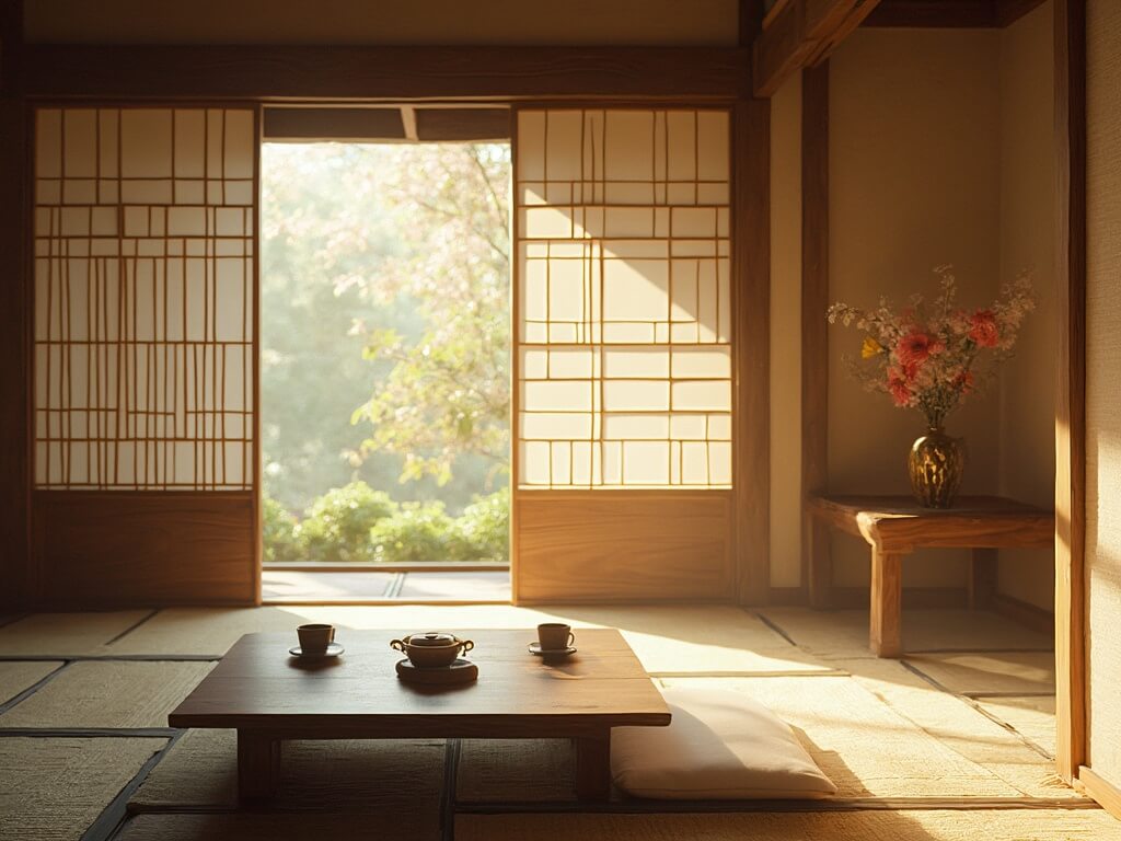 Interior of traditional Japanese tea house with tatami mats, low wooden tables, tea set, seasonal flowers, and afternoon sunlight filtering through paper screens