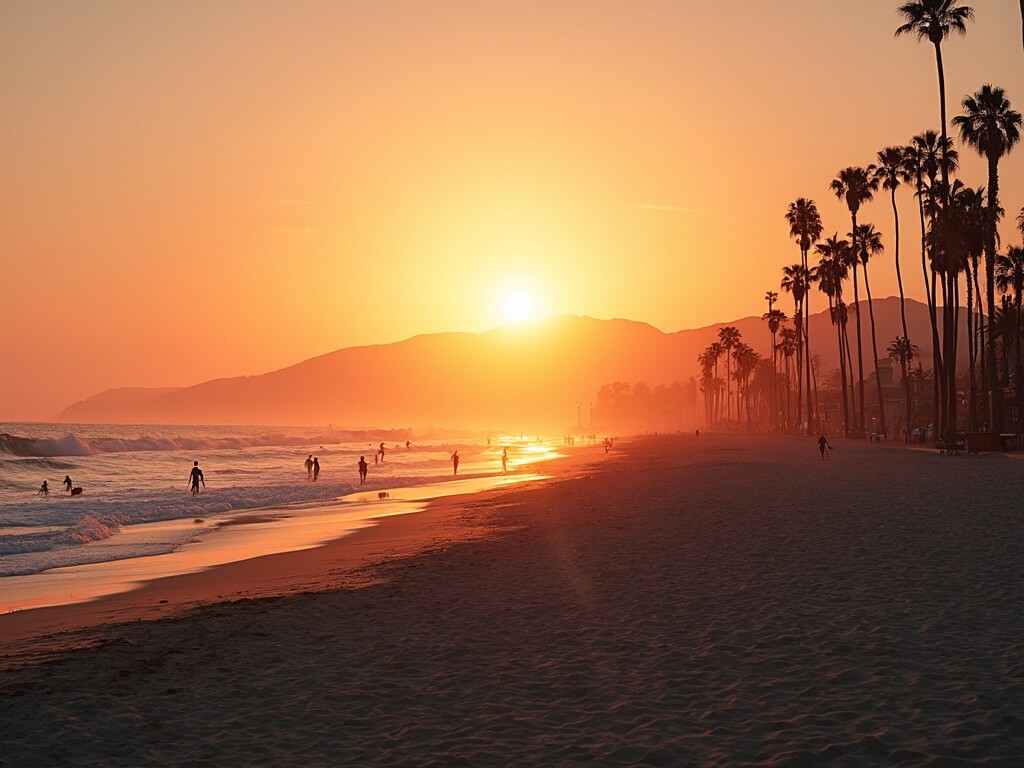 Empty Venice Beach at sunset with long shadows on the sand, Pacific Ocean reflecting orange and pink hues, palm trees along the quiet boardwalk, distant surfers catching waves in golden light and Santa Monica mountains in the misty distance.