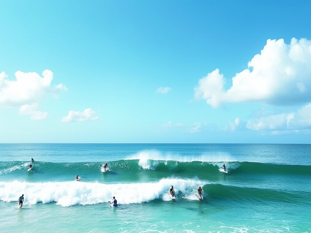 Surfers catching waves at 17th Street surf spot during peak conditions with vibrant blue-green water and scattered white clouds in a bright blue sky.