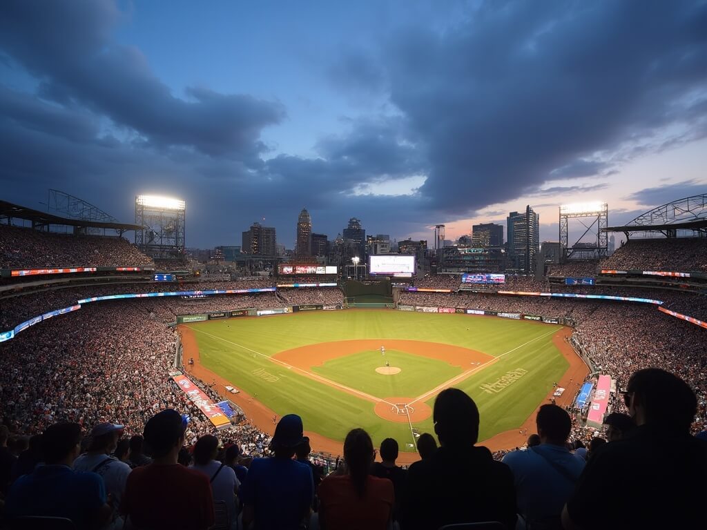 Evening baseball game at Petco Park with illuminated modern stadium, San Diego skyline in backdrop, marine layer clouds in sky, crowd watching game, and downtown buildings visible beyond outfield.