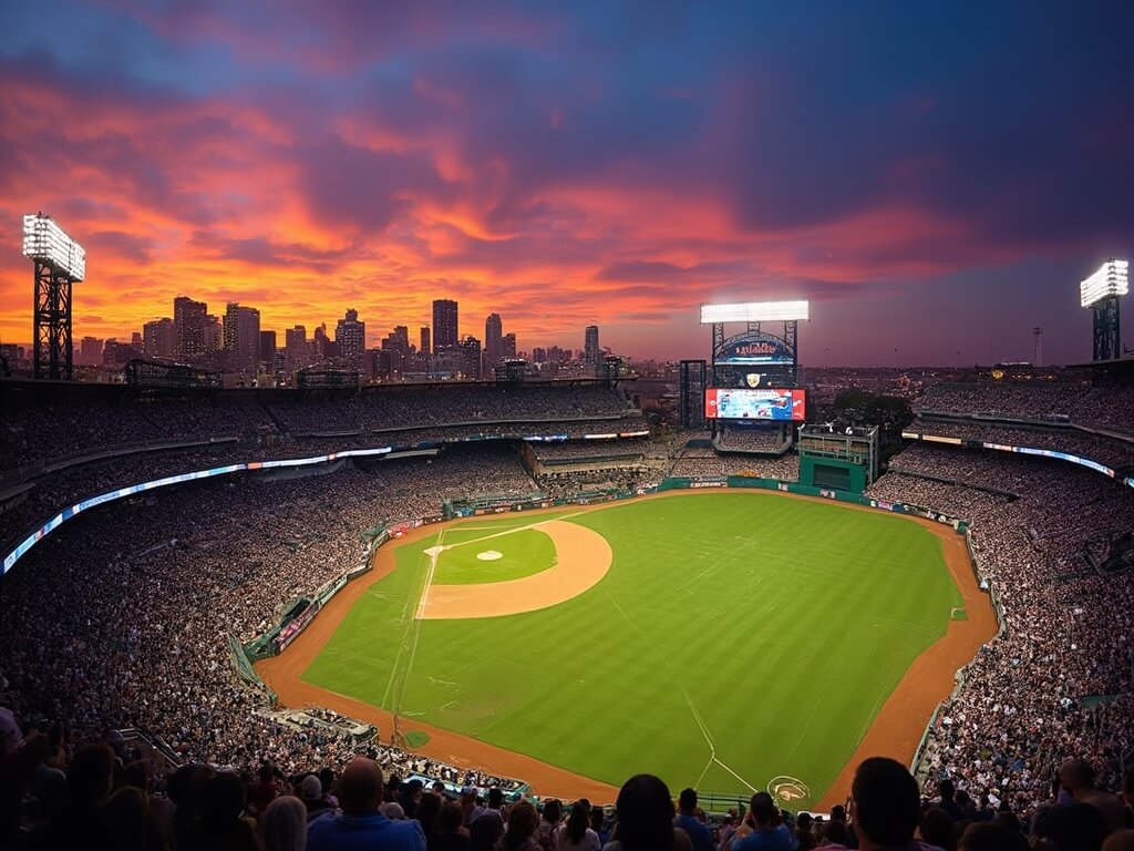 Dusk view of Petco Park baseball stadium during a game with San Diego skyline, lit stadium lights, orange and purple sunset, visible fans and green field.