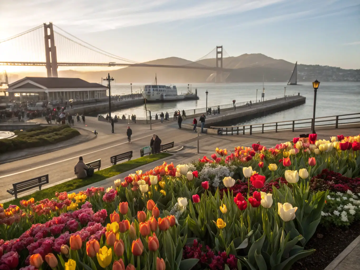 Pier 39's panoramic view featuring blooming tulips and Golden Gate Bridge in the winter sun, San Francisco