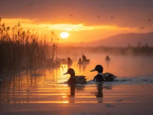 "Pintail ducks flying over a California marsh at sunrise, with tule reeds, decoys, and distant mountains visible, under an orange-purple sky"