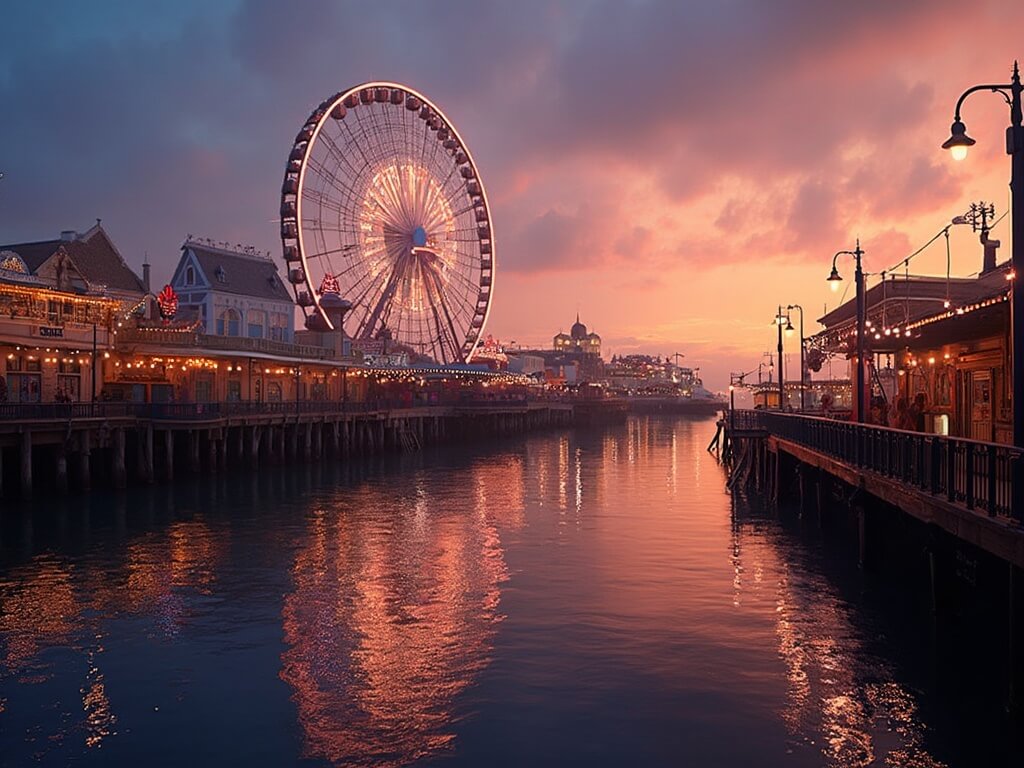 Illuminated Ferris wheel at Pixar Pier during twilight reflecting in calm waters with a sunset painted sky and empty pathways