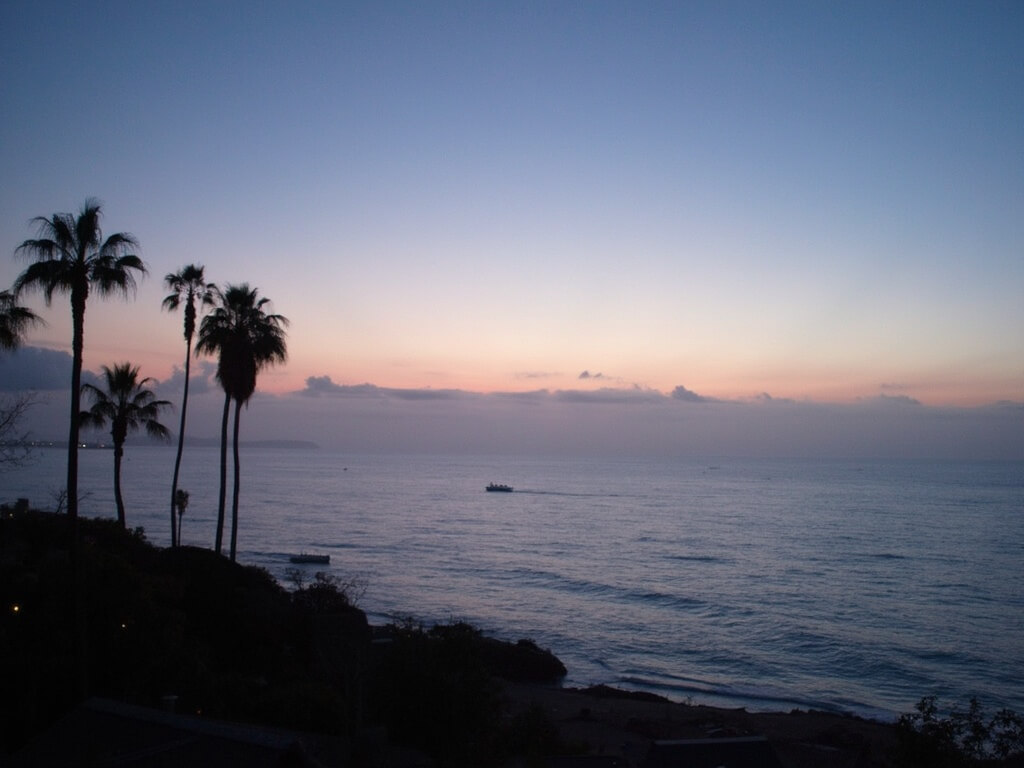 Twilight coastal view from Point Loma with marine layer rolling in, sunset colors in the sky, silhouetted palm trees, and small boats on the reflective ocean.