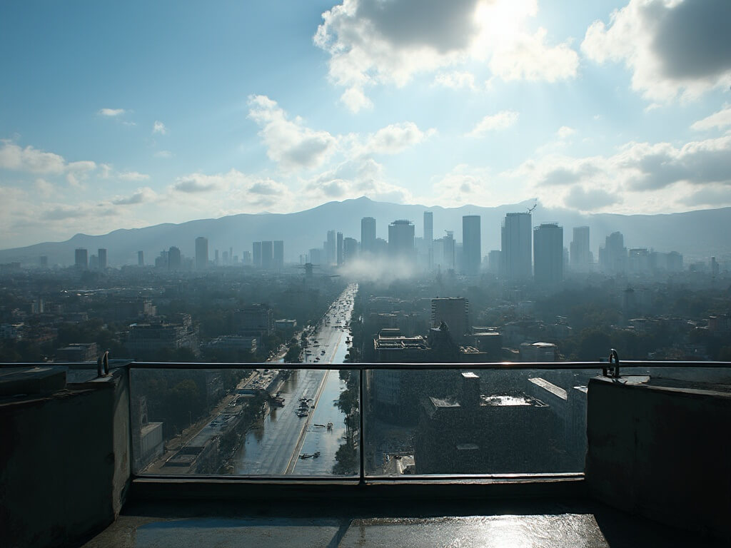 Downtown Los Angeles cityscape with glistening wet streets, modern skyscrapers, and San Gabriel Mountains in the morning light under a clear blue sky