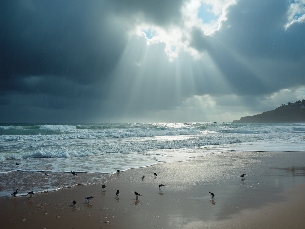 Morning coastal scene in La Jolla with dark rain clouds parting to reveal blue sky, light reflecting off wet sand, seabirds scattered on the beach, and gentle waves, during a brief January rain shower.