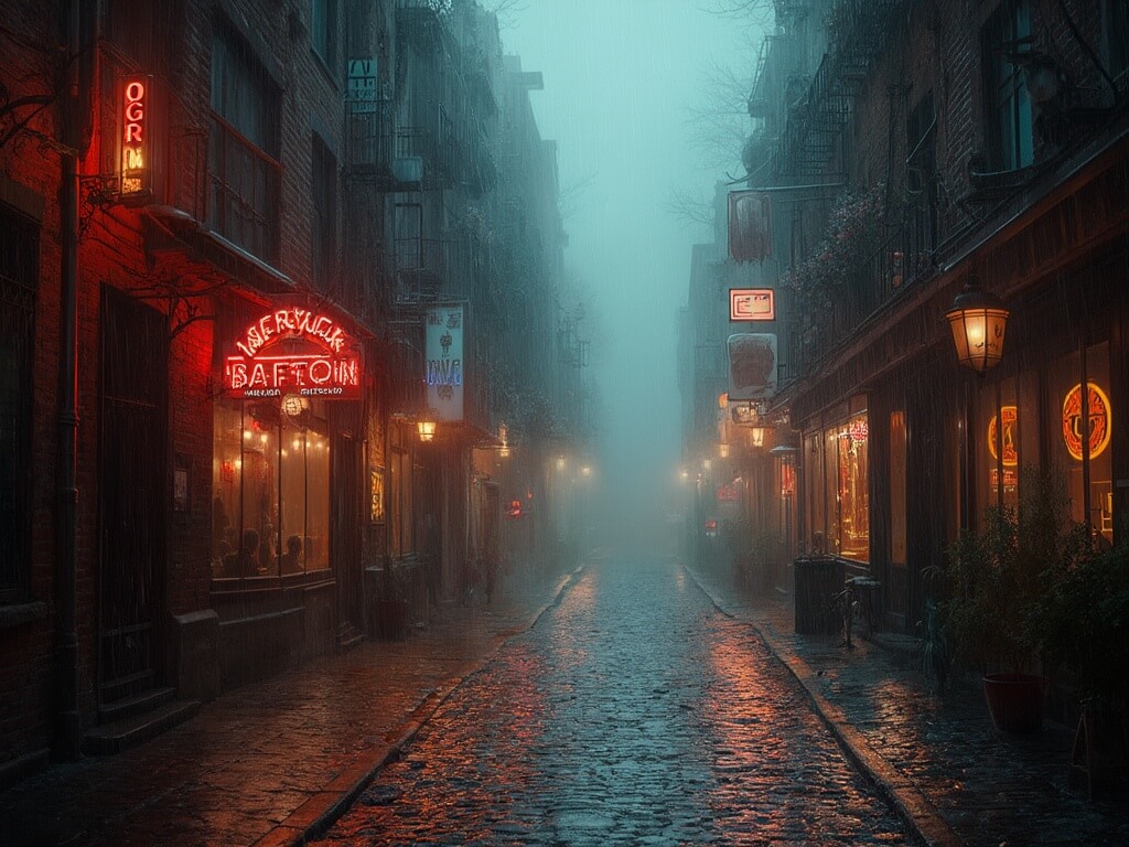 Misty, atmospheric downtown scene featuring historic buildings, glowing vintage neon signs, reflective puddles on cobblestone streets, warm restaurant lighting, ornate lampposts in light drizzle and wet architectural details