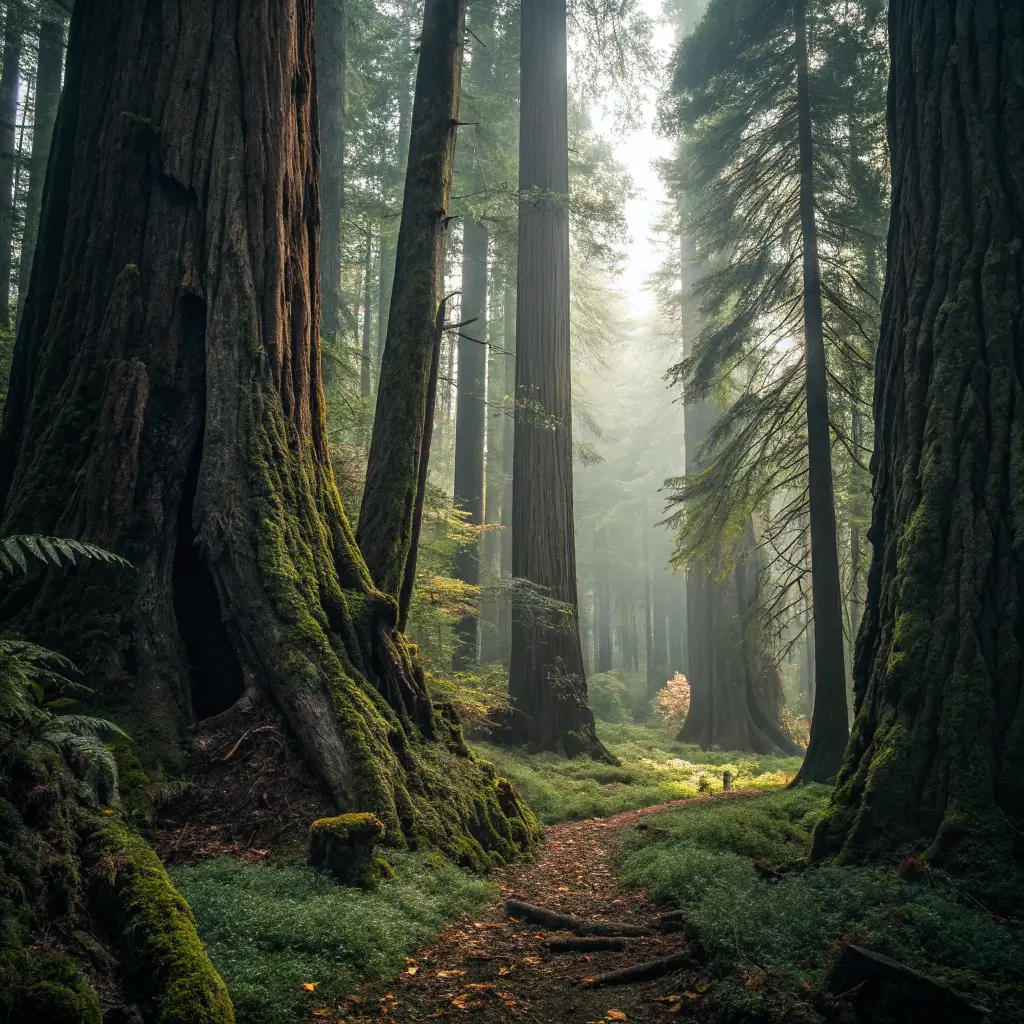 Cathedral-like redwood grove with massive tree trunks, deep emerald interiors, soft diffused light, and a forest floor covered in moss and fallen leaves