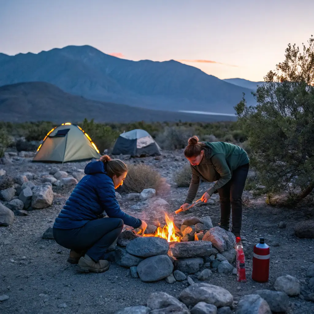 Campers practicing fire safety at a responsibly managed campsite in rocky terrain at dusk, with fire extinguishing equipment, minimal impact camping setup, and mountain silhouette backdrop bathed in soft twilight hues