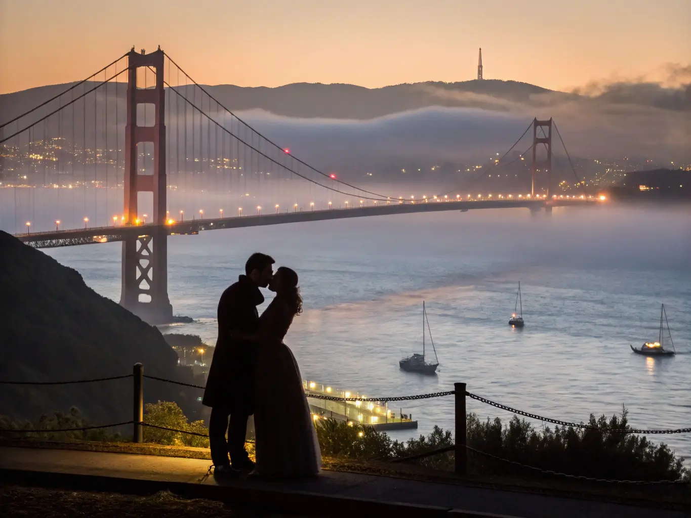 Silhouetted couple enjoying a romantic evening by the San Francisco Bay against the backdrop of the lit-up Golden Gate Bridge with fog rolling over the water and twinkling city lights.