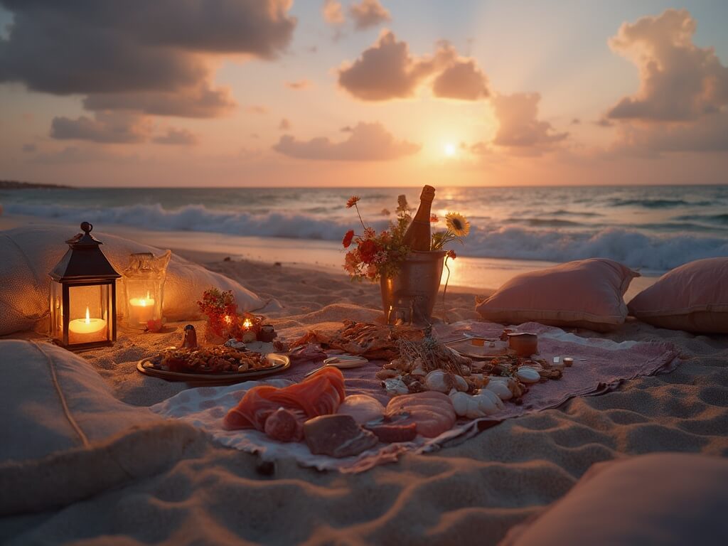 Cozy evening beachfront picnic with plush blanket, cushions, lanterns, charcuterie spread, champagne in ice bucket, fresh flowers while the sun sets over the ocean