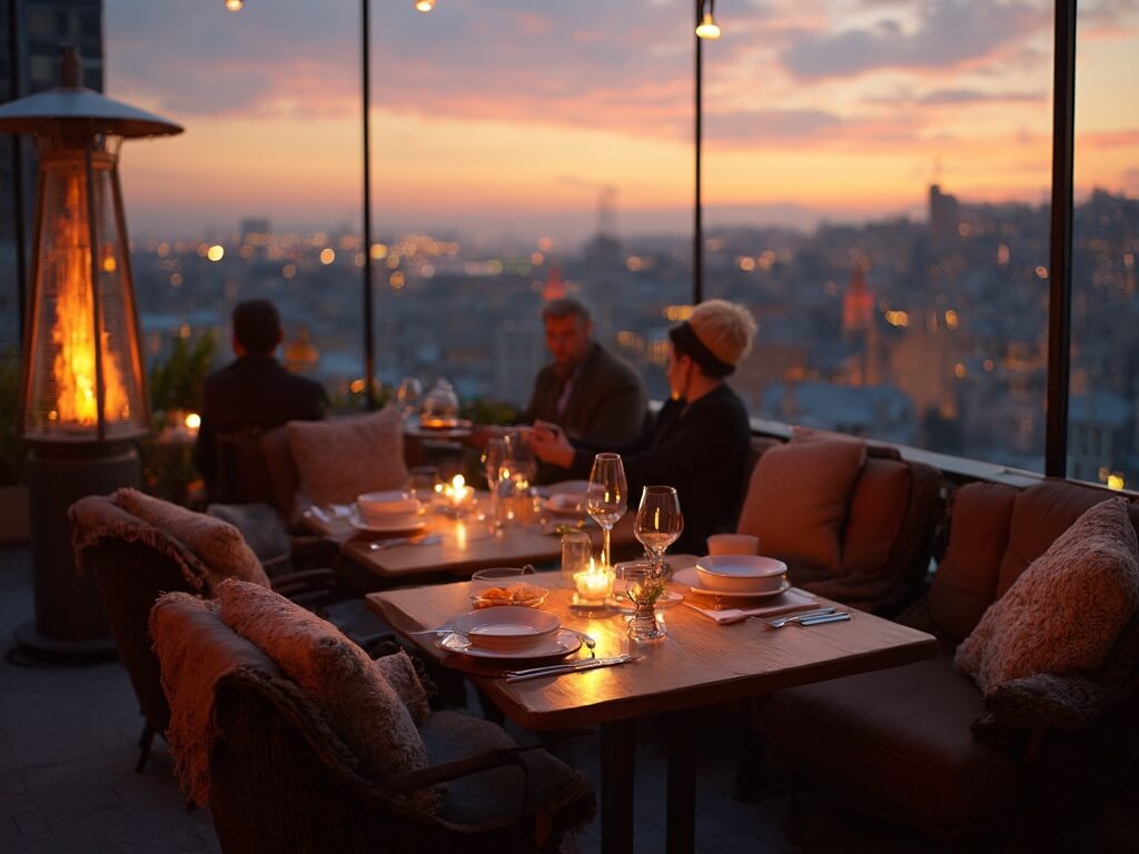 Rooftop dining scene at Golden Hour restaurant with modern California cuisine, warm outdoor heaters, cozy blankets, and city views under a twilight sky