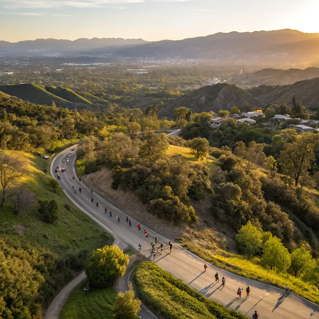 Aerial view of Rose Bowl Recreation Loop in golden hour sunlight with cyclists and runners, surrounded by lush Californian landscape, mountains in the distance, Pasadena