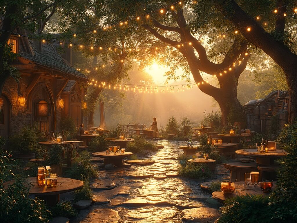 Customers enjoying craft beers in a stone brewery garden with rustic tables, lush landscaping, water features, oak trees and string lights at sunset