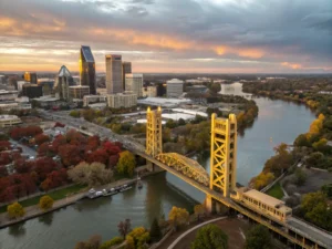 "Aerial view of Sacramento skyline with Tower Bridge in fall, crowds at Discovery Park, Apple Hill's orchards in distance, Halloween decorations in Old Sacramento, and sunset-tinted clouds"