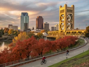 "Sacramento skyline during autumn sunset featuring Tower Bridge, cyclists on Sacramento River Trail with fall-colored trees, red Apple Hill orchards in the distance and blend of historic and modern buildings, under a November sky around 5 PM."