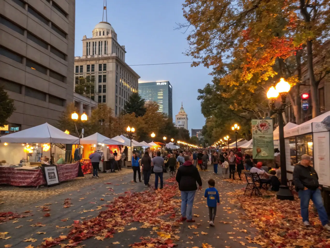 Downtown Sacramento during a cultural festival, featuring diverse crowds, outdoor art installations, food vendors, and autumn decorations showcasing vibrant urban energy