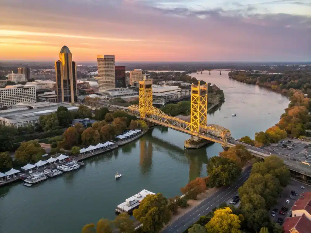 "Aerial view of Sacramento cityscape during golden hour featuring glowing Tower Bridge, Sacramento River, Farm-to-Fork Festival, fall trees, pleasure boats, American River confluence, Sierra Nevada mountains, and lens flare effects"