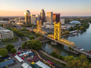 "Aerial view of Sacramento's downtown skyline with the golden Tower Bridge, American River, colorful Sacramento County Fair, cherry blossom trees along Capitol Mall, farmers' market stalls, Old Sacramento buildings and Golden 1 Center during golden hour in May"