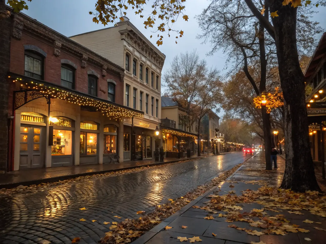 Historic downtown Sacramento street at dusk with holiday lights on buildings, fallen autumn leaves on cobblestones, and warm shop lights reflecting on wet sidewalks.