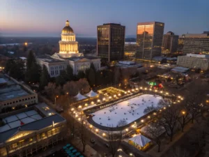 "Aerial view of Downtown Sacramento at night in December, featuring the illuminated Old Sacramento Waterfront, Capitol building, Tower Bridge, and the Downtown Ice Rink filled with skaters, with thousands of holiday lights reflecting off the Sacramento River under a clear winter sky with a gentle fog, and the Fab 40s neighborhood with Christmas light displays on historic homes, having a warm, festive color palette of golden lights and cool blue winter tones."