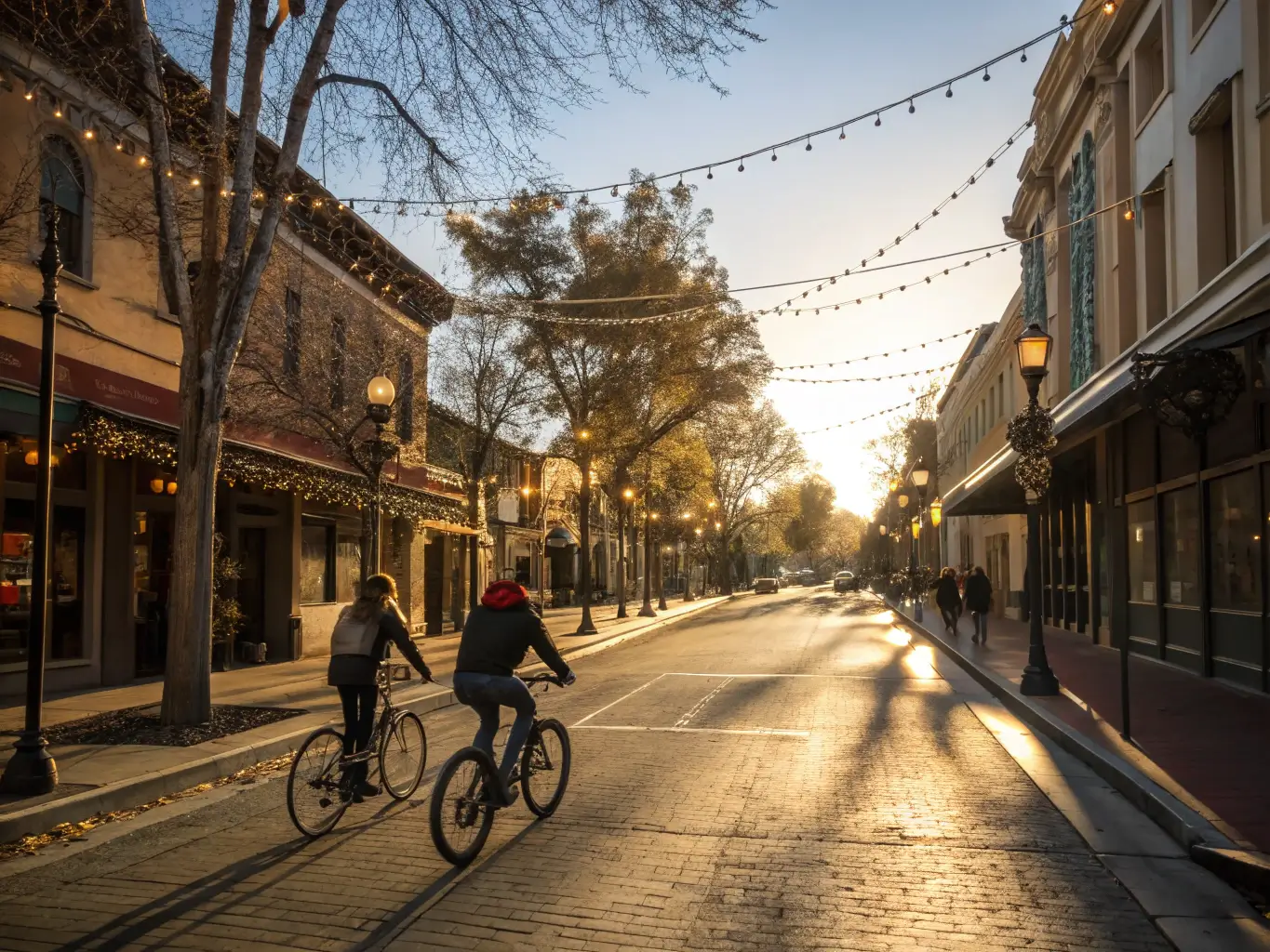 Historic Sacramento street on a peaceful afternoon with string lights, cyclists, pedestrians, vintage holiday-decorated storefronts and warm sunlight casting long shadows