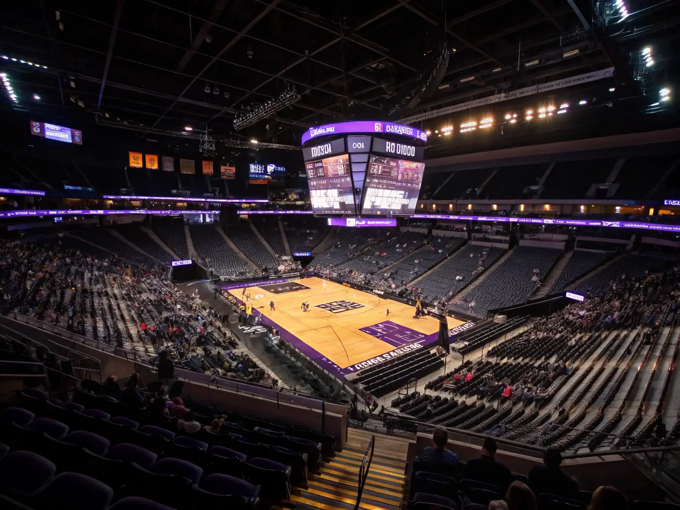 Dramatic wide-angle shot of a Sacramento Kings game at the Golden 1 Center filled with excited fans in purple jerseys, illuminated basketball court in view