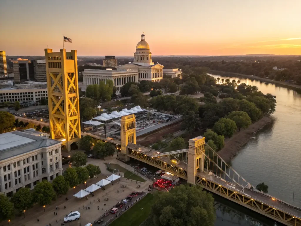 "Aerial view of Sacramento's cityscape at sunset with Tower Bridge, Capitol building, American River, outdoor dining, Concerts in the Park setup, lush tree canopy, and LGBTQ+ Pride flags."